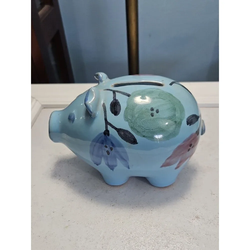 Ceramic Blue Floral Piggy Bank Made In Italy